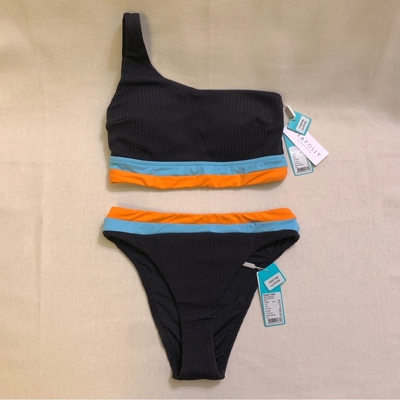 SEAFOLLY Slice of Splice One Shoulder Bikini Top & Bottom sz.10 MEDIUM Black-NWT - Picture 3 of 11